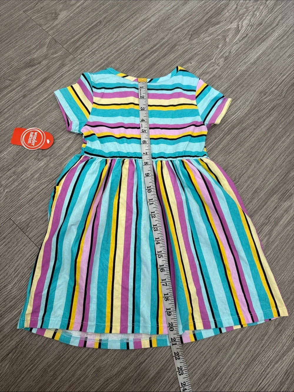 wonder nation Striped Short-Sleeve Dress in Aqua, Yellow, Purple, Black & Pink